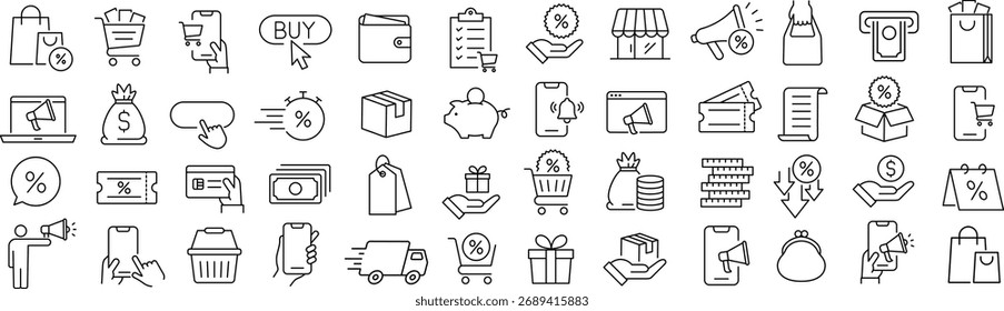 Conjunto de iconos de línea de Vector monocromo para ir de compras
