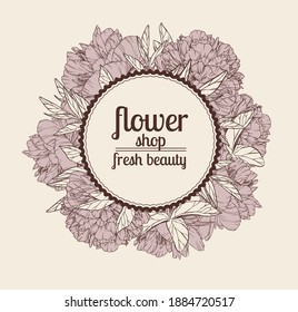 Monochrome vector linear illustration with large peonies and leaves. Vintage banner on a beige background. Imitation of an old drawing on craft paper. Element for advertising a flower shop, invitation
