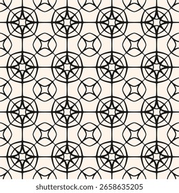 Ornamento lineal de Vector monocromo. Abstractas patrón geométrico sin fisuras con celosía, rejilla, red, líneas de cruce, Formas de estrellas, diamantes. Textura de fondo mínima simple en blanco y negro. Repetir diseño