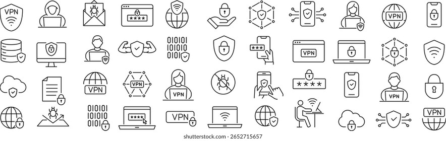 Conjunto de iconos de arte de línea de Vector monocromo para VPN