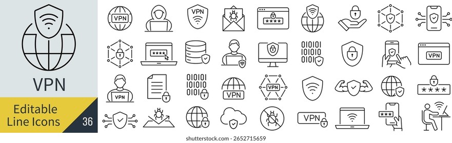 Conjunto de iconos de arte de línea de Vector monocromo para VPN