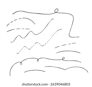 Monochrome vector lines set line art black ink sketch. Solid, dashed, wavy curves flat for business graphics, data visualization, creating charts, infographics, and motion path