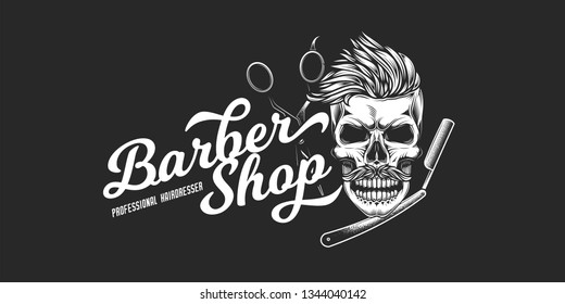 Monochrome vector logo of the barbershop in a vintage style. Skull with mustache and hair, hairdressing scissors, straight razor