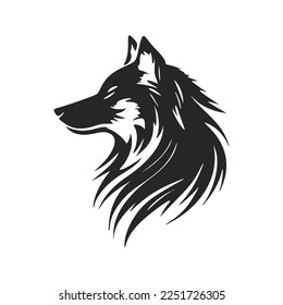 Monochrome vector logo with the image of a wolf's head.