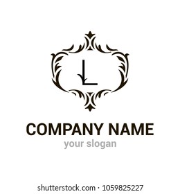   Monochrome vector logo template. Illustration of letter L in vintage frame. Abstract logotype for beauty company or design studio. Creative icon, badge, symbol, sign. EPS10.