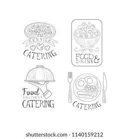 Monochrome vector logos for catering companies. Food service. Emblems with delicious dishes, hand with tray and calligraphic text