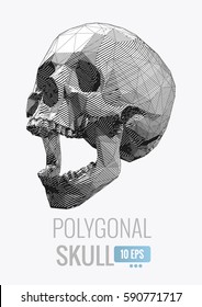 Monochrome vector low poly stylized stripe line skull illustration isolated on white background