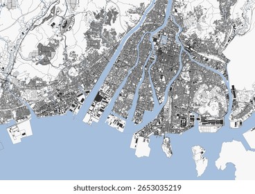 Um mapa vetorial monocromático de Hiroshima, mostrando rodovias, edifícios e uma hidrovia. 
