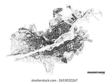 A monochrome vector map of Krasnoyarsk, showing highways and buildings