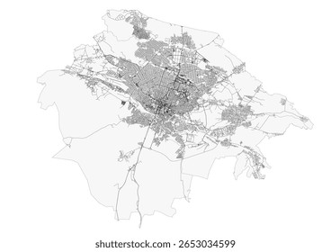 Um mapa vetorial monocromático de Shymkent, destacando a autoestrada