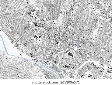 A monochrome vector map of Shymkent, showing highways, buildings, and a waterway.