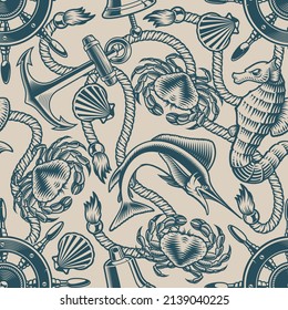 Monochrome vector marine background with anchor, rope, marline, crab, and other elements