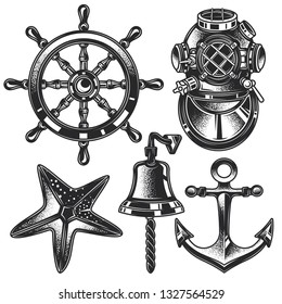 Monochrome Vector Marine Set In Vintage Style. Anchor, Steering Wheel, Starfish, Diving Helmet, Sea Bell