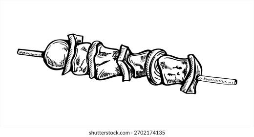 Monochrome vector meat with vegetables on wooden stick line art black ink sketch. Etching drawing of grilled kebab or vegan tofu on skewer for BBQ menus, street food poster, summer party design.