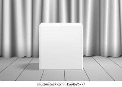 Monochrome vector mockup for design with a white cubic box on the floor near the curtain