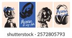 monochrome vector music in photocopy effect, for collage design in grunge punk style. headphones retro elements.  Vintage illustration music poster.