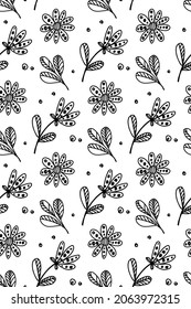 Monochrome vector pattern with flowers drawn with a contour