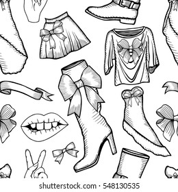 Monochrome Vector pattern of male and female fashion collection of clothes. Hand-drawn objects sketch.