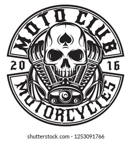 Monochrome vector pattern on the theme of moto with skull and engine.