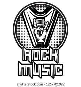 monochrome vector pattern on the theme of rock music with hand and guitar.