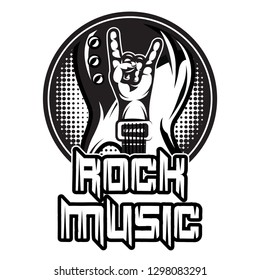 monochrome vector pattern on the theme of rock music with hand and guitar.