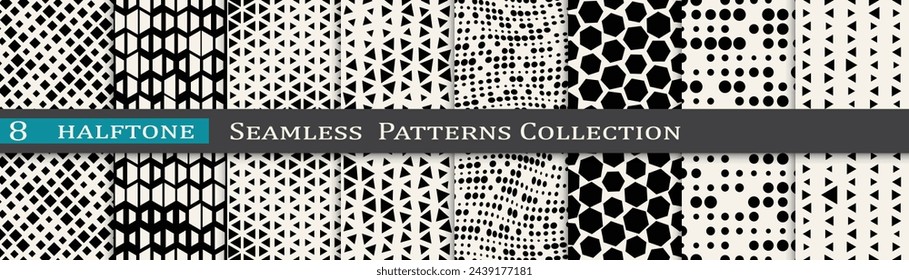 Monochrome vector pattern set. Halftone background collection. Cool cover design.