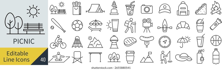 Conjunto de ícones de arte de linha de picnic de vetor monocromático