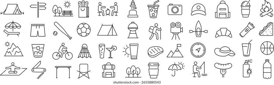 Conjunto de ícones de arte de linha de picnic de vetor monocromático