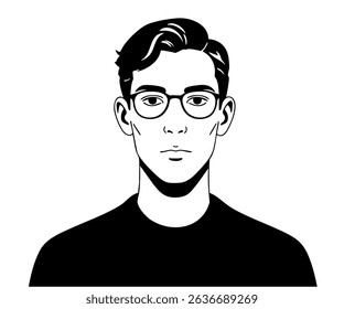 Monochrome vector portrait of a young man with glasses and dark hair, wearing a t-shirt. Minimalist character design, modern stylish look, and simple graphic illustration for versatile use.