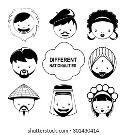 Monochrome vector portraits of different nationalities. Pictures isolate on white background