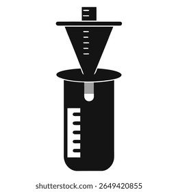 The monochrome vector portrays chemistry with a beaker marked for measurements along with a funnel sitting on top with a transparent background making it ideal for various science related projects.
