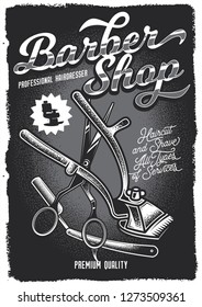 Monochrome vector poster Barber shop with a picture of scissors, razors and clippers.