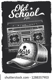 Monochrome Vektorillustration Poster Baseballkappe und alte Kassettenrekorder. Originelle Vektorillustration im Vintage-Stil