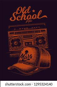Monochrome vector poster baseball cap and old cassette recorder. Original vector illustration in vintage style