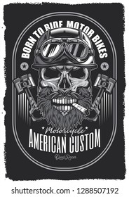 Monochrome vector poster in vintage style. The brutal skull of a biker in a motorcycle helmet, with a beard and mustache, with a cigar in his mouth.