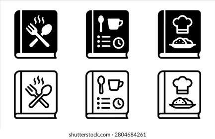monochrome vector recipe book icons collection with cooking utensils, chef hat, and food
