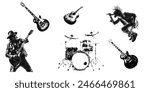 monochrome vector rockstar musician guitar and drum in mezzotint photocopy effect, for grunge punk y2k collage design. guitarist vocalist retro elements. brutalist vintage illustration music poster.