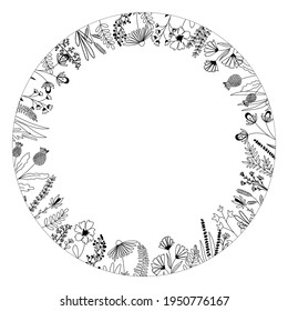 Monochrome Vektorrunder Rahmen von Blumen und Kräutern einzeln auf weißem Hintergrund. Schwarze Kontur-Silhouetten aus Gras. Handgezeichnete Blumenskizze mit Kopienraum für Text.