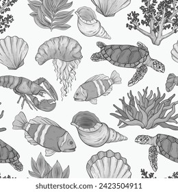Monochrome vector sea creatures seamless design. Wild life pattern with sea inhabitants