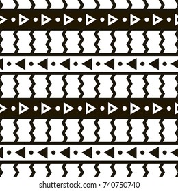 Monochrome vector seamless geometric pattern. Abstract background with vertical and horizontal zigzag lines and stripes, triangles and dots. Design element for decor, web, prints, wrapping paper.