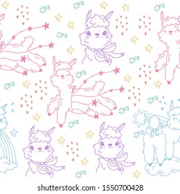 Monochrome vector seamless pattern with alpaca and llama. Cute background for children's rooms, doors, wallpapers. Doodle style. Pastel colors. Gentle