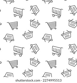 Monochrome vector seamless pattern of basket and trolley for shopping for web sites and polygraphy 