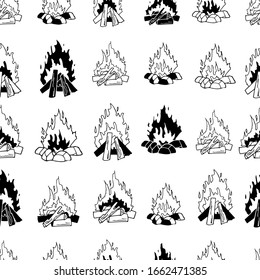 Monochrome vector seamless pattern with black elements isolated on white. Endless texture. Black and white burning bonfire. Contour and silhouettes. Outdoor adventure. Wild life. Camping hiking time