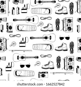 Monochrome Vector Seamless Pattern With Black Elements Isolated On White. Trendy Endless Texture. Design For Tourism, Camping. Boots, Guitar, Sleeping Bag, Compass, Fishing Rod, Camera. Campfire Songs