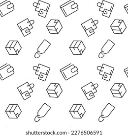Monochrome vector seamless pattern of box, price, shopping bags for web sites and polygraphy 