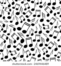 Monochrome vector seamless pattern with differently sized music notes floating over a white backdrop. Surface art design in black and white for use in fabric or graphic design. 