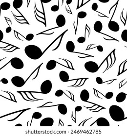 Monochrome vector seamless pattern with differently sized music notes floating over a white backdrop. Surface art design in black and white for use in fabric or graphic design. 