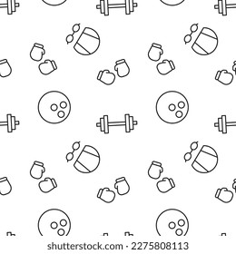 Monochrome vector seamless pattern of dumbbell, swim cap, gloves for boxing, bowling for web sites and polygraphy 