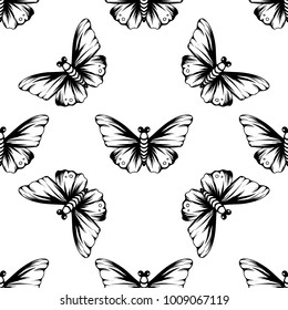 Monochrome vector seamless pattern. Endless butterfly elements. Modern background texture.