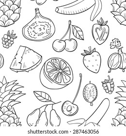 Monochrome vector seamless pattern with fruits. Abstract healthy food background with fruits for wallpaper, web page background, wrapping, textile and scrapbook.